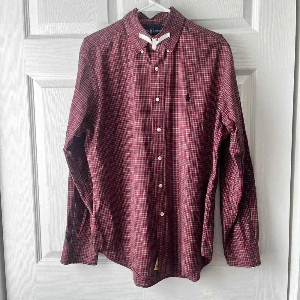 POLO RALPH LAUREN mens plaid long sleeve button up shirt black/red size XL 15.5